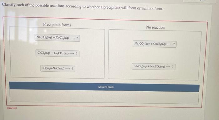 Classify each reaction according to whether a precipitate forms